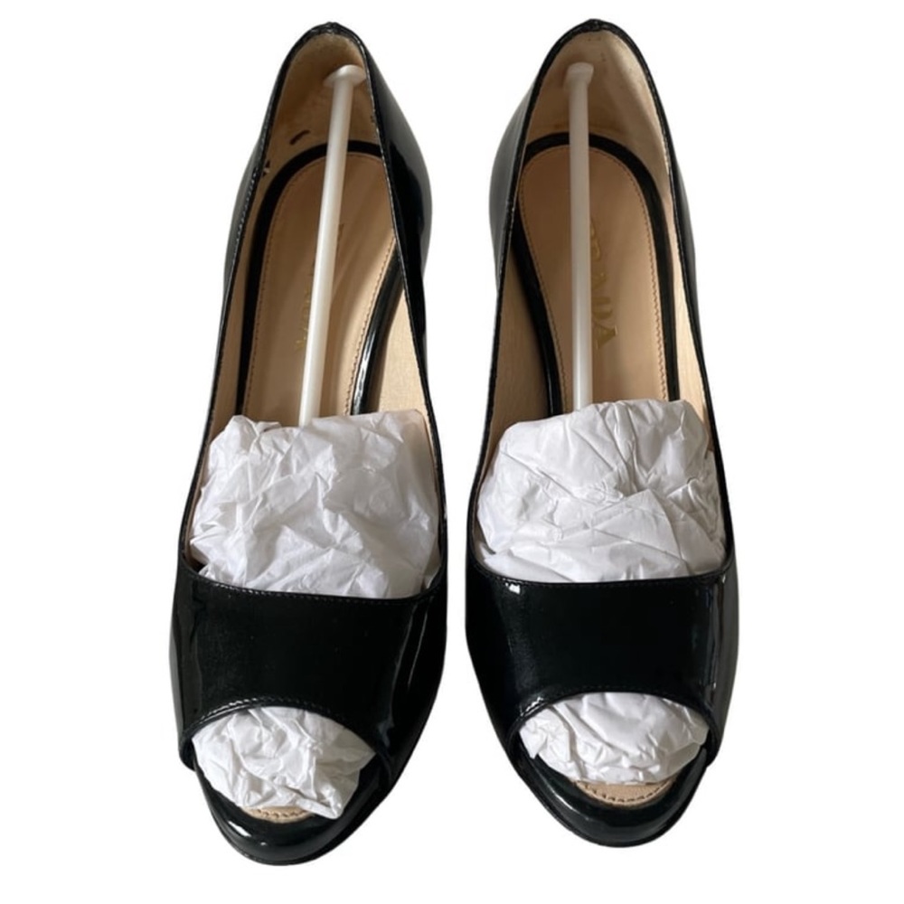 Prada black patent leather open toe pump heels